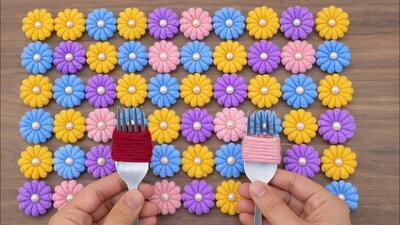  گل کاموایی بافت شده با چنگال: طرحی فوق العاده