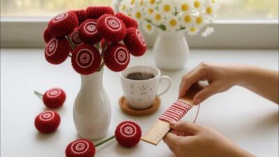  یه روش ساده برای درست کردن گل رز با کاموا / ایده تزیین میز