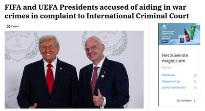  شکایت علیه رؤسای فیفا و یوفا در دیوان کیفری بین‌المللی به اتهام همدستی در جنایات جنگی