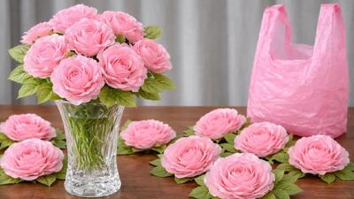  آموزش ساخت دسته گل با کیسه زباله و بطری پلاستیکی