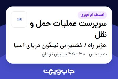  استخدام سرپرست عملیات حمل و نقل در هژیر راه / کشتیرانی نیلگون دریای آسیا