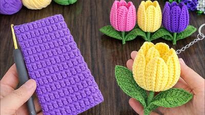  آموزش بافت جا کلیدی گل لاله با برگ / برای مبتدیان مناسب فروش