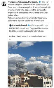  واکنش فرانچسکا آلبانیز گزارشگر ویژه سازمان ملل به حمله رژیم صهیونیستی به هلال‌احمر تهران