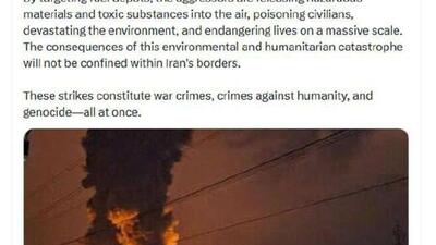  سخنگوی وزارت خارجه ایران گفت که حمله آمریکا به زیرساخت‌های انرژی ایران و انتشار مواد سمی و خطرناک، جنایت علیه بشریت است