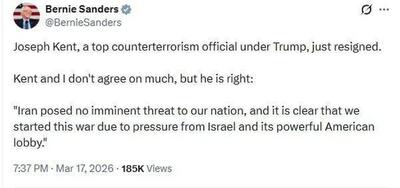  سناتور برنی سندرز نسز اظهارات جوزف کنت پیرامون دلیل جنگ با ایران تایید کرد.