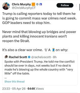  کریس مورفی، سناتور آمریکایی: منفجرکردن پل‌ها و نیروگاه‌ها و کشتن ایرانیان بی‌گناه باعث بازگشایی تنگهٔ هرمز نخواهد شد