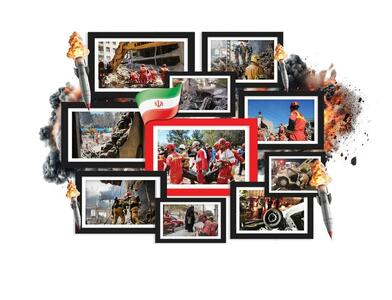  آتش‌نشانان‌ ایستاده میان آتش و آوار
