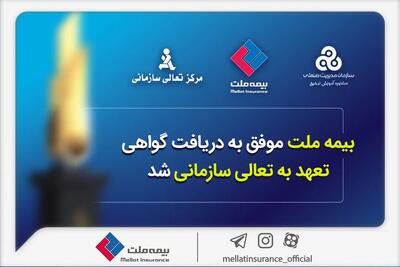  بیمه ملت موفق به دریافت «گواهی تعهد به تعالی سازمانی» شد / فرهادی پور: کسب این موفقیت زمینه ساز دستیابی به سطوح بالاتر تعالی در بیمه ملت است