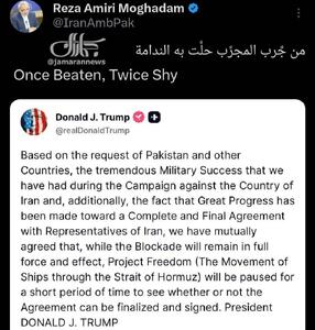  واکنش سفیر ایران به عقب‌نشینی ترامپ از «پروژه آزادی»