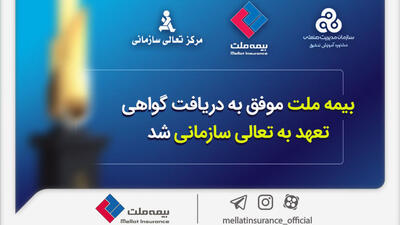  بیمه ملت موفق به دریافت «گواهی تعهد به تعالی سازمانی» شد / فرهادی پور: کسب این موفقیت زمینه ساز دستیابی به سطوح بالاتر تعالی در بیمه ملت است