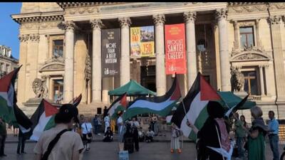  ببینید | تظاهرات طرفداری فلسطین مقابل ساختمان بورس بروکسل