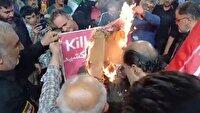  به آتش کشیدن عکس ترامپ و نتانیاهو توسط مردم در اجتماع شبانه گرگان