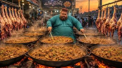 غذای خوش پخت؛ پخت انبوهی از گوشت لذیذ به صورت پرسی کنار جاده