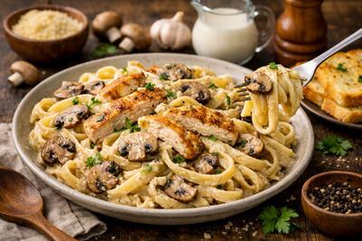 طرز تهیه پاستا آلفردو با مرغ و قارچ و خامه؛ بهترین روش پخت پاستا آلفردو