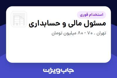 استخدام مسئول مالی و حسابداری در سازمانی فعال در حوزه فناوری اطلاعات / نرم افزار و سخت افزار