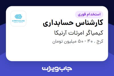  استخدام کارشناس حسابداری - خانم در کیمیاگر امرتات آرنیکا