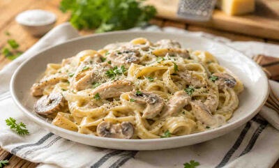 طرز تهیه پاستا ساده با مرغ و سس خامه؛ آسان و رستورانی