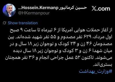  ۵۵ شهید و ۶۲۹ مصدوم در پی حملات هوایی از ۶ تیر تا اول مردادماه