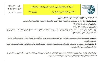  هشدار زرد هواشناسی چهارمحال و بختیاری