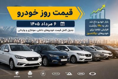 قیمت روز خودرو ۶ مرداد ۱۴۰۵/ افزایش قیمت خودروهای داخلی و خارجی