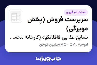  استخدام سرپرست فروش (پخش مویرگی) - آقا در صنایع غذایی قافلانکوه (کارخانه محمدشهر)