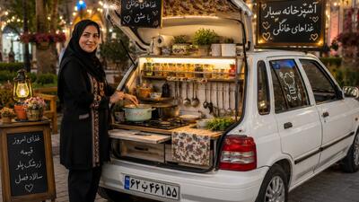  باور نمی کنید داخل این پراید چه خبر است!؛ بانوی خوش ذوق سبزواری پراید را به یک آشپزخانه سیار تبدیل کرد