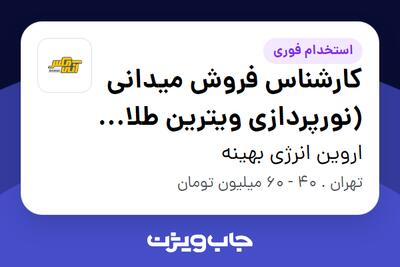  استخدام کارشناس فروش میدانی (نورپردازی ویترین طلا و جواهر) در اروین انرژی بهینه