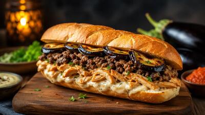 طرز تهیه ساندویچ بادمجان سرخ شده با گوشت و مرغ شام خوشمزه و ساده