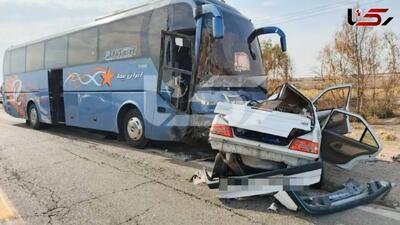  شاخ به شاخ مرگبار پژو ۴۰۵ با اتوبوس در جاده دهلران