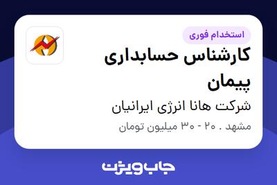  استخدام کارشناس حسابداری پیمان در شرکت هانا انرژی ایرانیان
