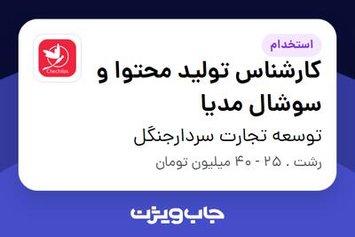  استخدام کارشناس تولید محتوا و سوشال مدیا در توسعه تجارت سردارجنگل