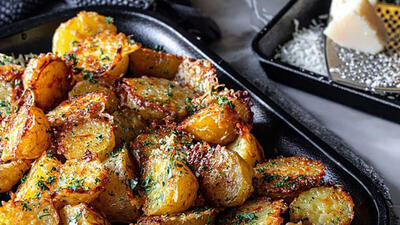 طرز تهیه سیب زمینی تنوری با پنیر پارمزان + فیلم