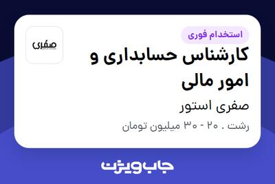  استخدام کارشناس حسابداری و امور مالی در صفری استور