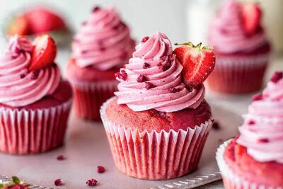  طرز تهیه کاپ کیک توت‌فرنگی با خلال پسته؛ خوشمزه و ساده برای عصرانه
