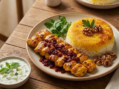 طرز تهیه کباب تابه ای مرغ مجلسی با سس زرشک و گردو