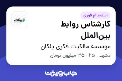  استخدام کارشناس روابط بین‌الملل - خانم در موسسه مالکیت فکری پلکان