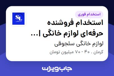 استخدام استخدام فروشنده حرفهای لوازم خانگی | 40م حقوق ثابت + پورسانت | درآمد 60–70م در لوازم خانگی سلجوقی