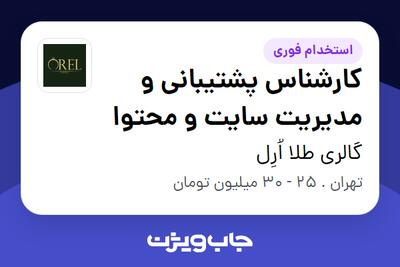 استخدام کارشناس پشتیبانی و مدیریت سایت و محتوا در گالری طلا اُرِل