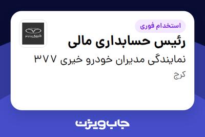 استخدام رئیس حسابداری مالی در نمایندگی مدیران خودرو خیری 377