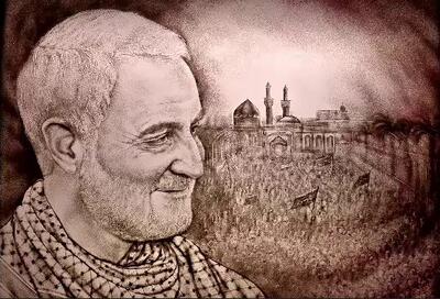 اثر جدید نقاشی با شن از چهره شهید حاج قاسم سلیمانی