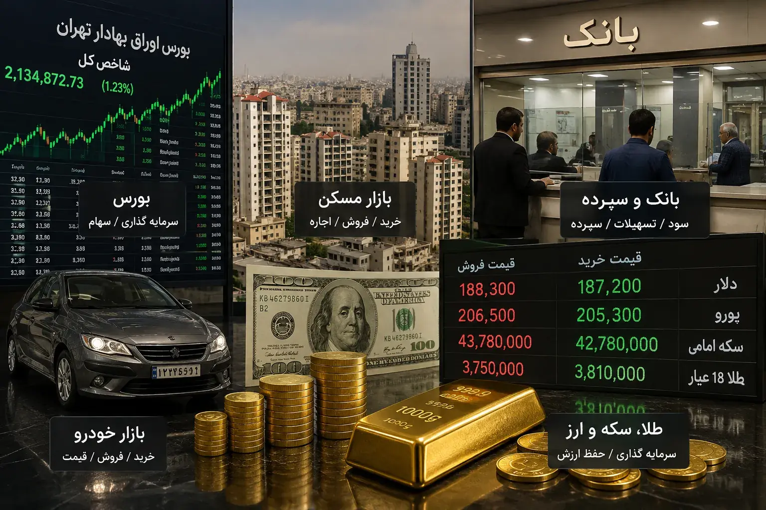 بازدهی کدام بازار بیشتر بود؟ بانک، مسکن و بورس در برابر طلا، دلار و خودرو