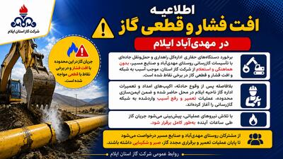  قطع گاز در روستای مهدی‌آباد ایلام بر اثر برخورد دستگاه حفاری