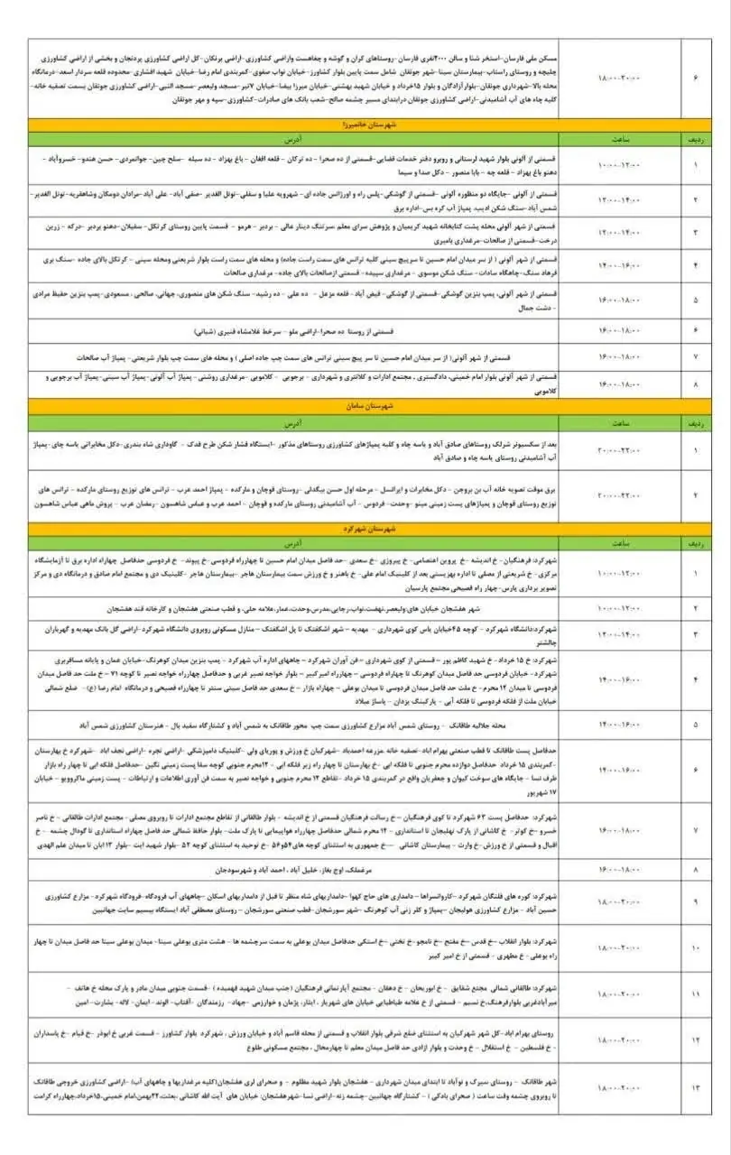 جدول قطعی برق ۲۵ مردادماه در استان