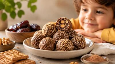 طرز تهیه توپک خرمایی با بیسکویت و مغزیحات سالم و مقوی برای کودک