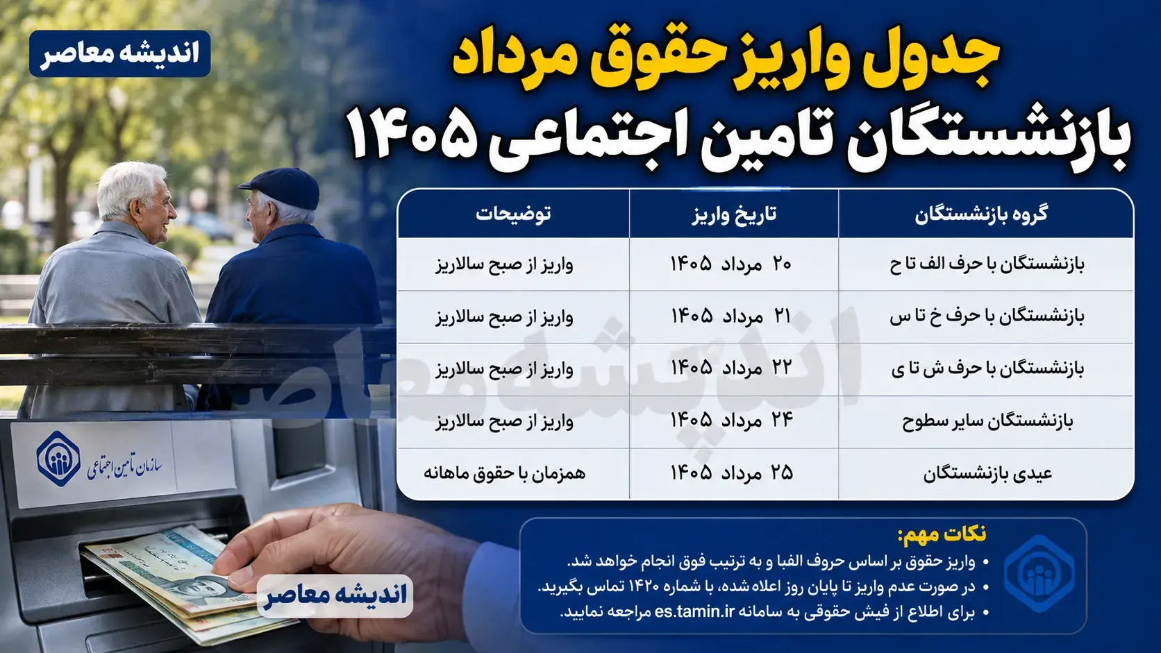 جدول واریز حقوق مرداد بازنشستگان تامین اجتماعی ۱۴۰۵