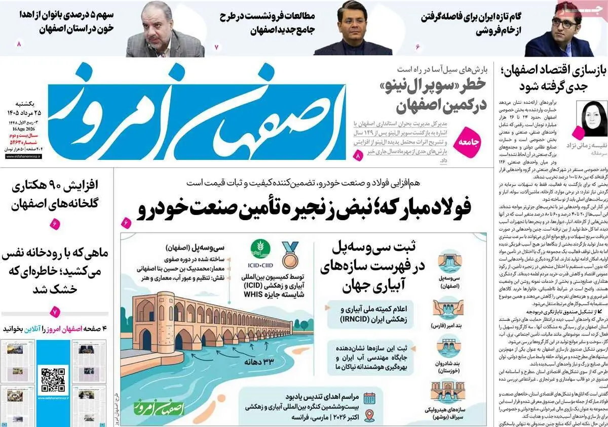 صفحه نخست روزنامههای اصفهان یکشنبه ۲۵ مرداد