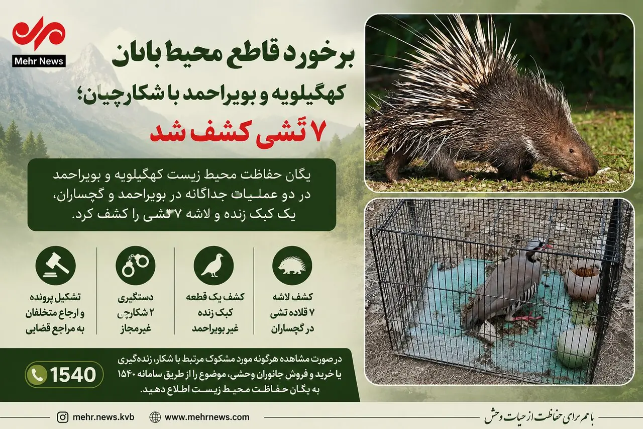 برخورد قاطع محیطبانان کهگیلویه و بویراحمد با شکارچیان؛ ۷ تشی کشف شد
