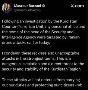 ادعای بارزانی: دفترم هدف حمله ایران قرار گرفت