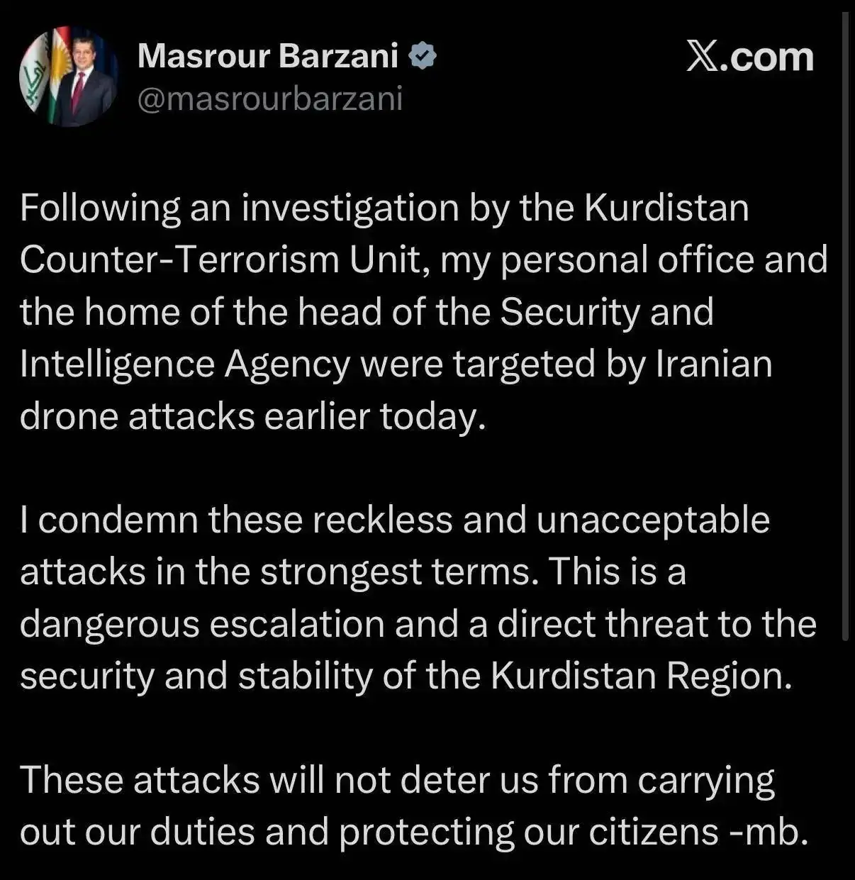  ادعای بارزانی: دفترم هدف حمله ایران قرار گرفت