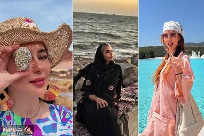 استایل های بازیگران زن ایرانی لب ساحل دریای خزر؛ دامن راحت روشن، لگ پوشی و تیپ بلک